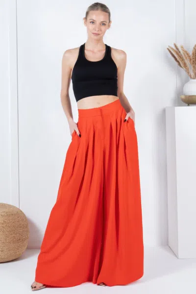 Fashnzfab Women's Large Hem Wide Leg Pleated Solid Pants In Red