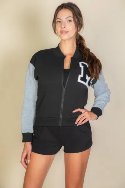 Fashnzfab Women's Letter Patched Striped Trim Varsity Jacket In Black