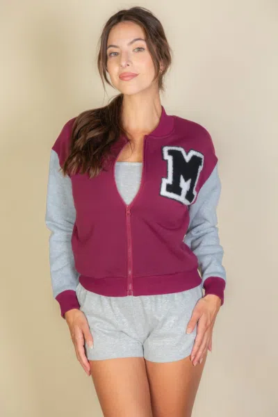 Fashnzfab Women's Letter Patched Striped Trim Varsity Jacket In Multi