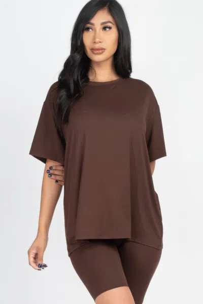 Fashnzfab Women's Loose Fit Top & Biker Shorts Set In Brown