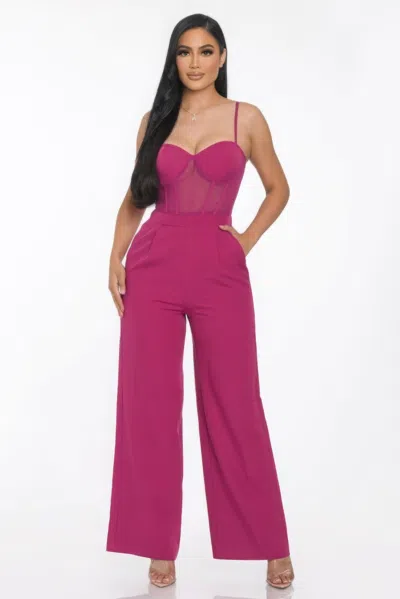 Fashnzfab Women's Mesh Insert Cup Wide Leg Jumpsuit In Pink