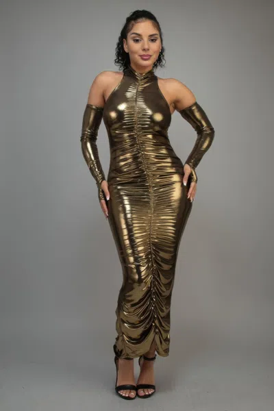 Fashnzfab Women's Metallic Ruched Dress With Sleeves In Gold
