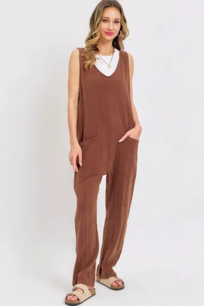 Fashnzfab Women's Mineral Washed Summer Jumpsuit In Brown