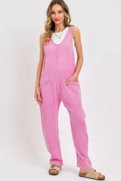 Fashnzfab Women's Mineral Washed Summer Jumpsuit In Pink