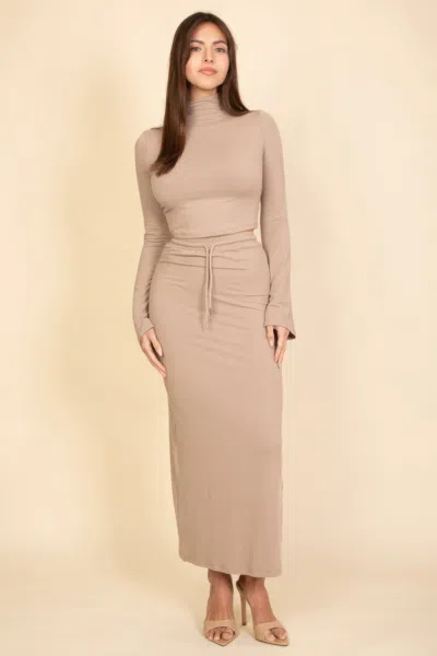 Fashnzfab Women's Mock Neck Bell Sleeve Crop Top & Maxi Skirt Set In Beige