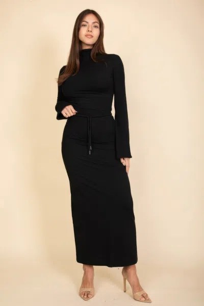 Fashnzfab Women's Mock Neck Bell Sleeve Crop Top & Maxi Skirt Set In Black