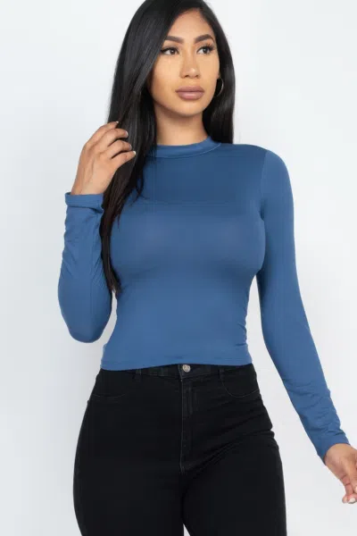 Fashnzfab Women's Mock Neck Solid Long Sleeve Top In Blue