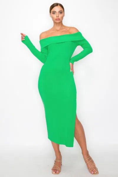 Fashnzfab Women's Off-shoulder Rib Midi Dress In Green