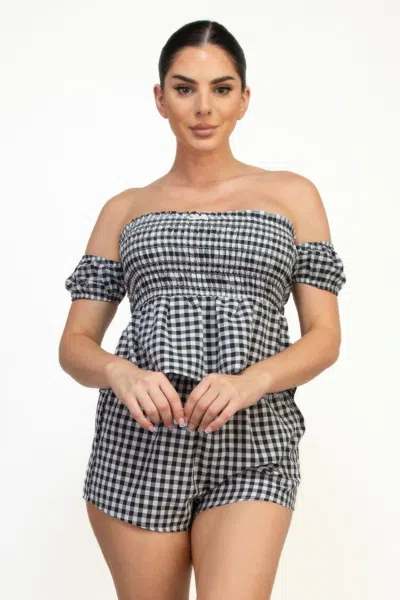 Fashnzfab Women's Off-shoulder Smock Gingham Top & Mini Short Sets In Black