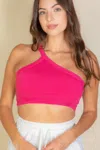 Fashnzfab Women's One Shoulder Ribbed Cropped Top In Pink