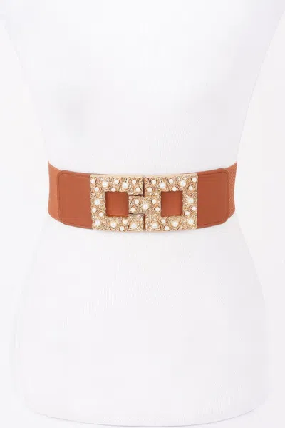 Fashnzfab Women's Pearl Metal Buckle Elastic Belt In Brown