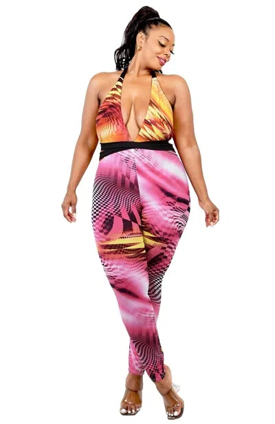 Fashnzfab Women's Plus Color Pattern Criss Cross Mock Neck Jumpsuit In Multi