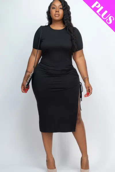 Fashnzfab Women's Plus Size Drawstring Ruched Side Split Hem Midi Dress In Black