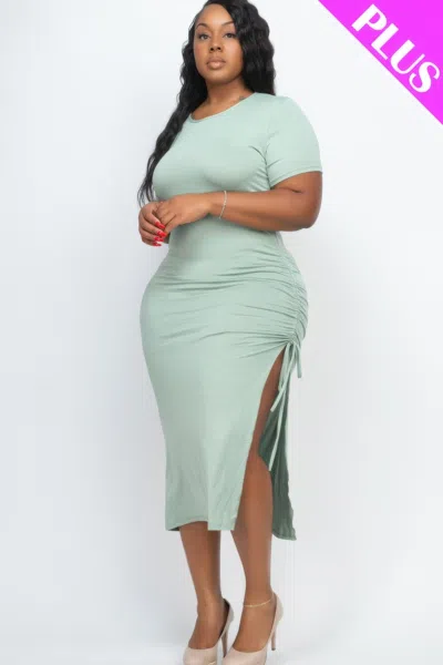 Fashnzfab Women's Plus Size Drawstring Ruched Side Split Hem Midi Dress In Blue