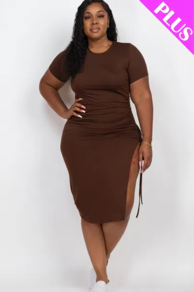 Fashnzfab Women's Plus Size Drawstring Ruched Side Split Hem Midi Dress In Brown