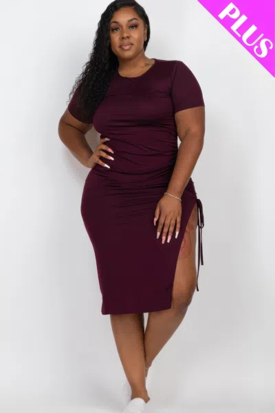Fashnzfab Women's Plus Size Drawstring Ruched Side Split Hem Midi Dress In Red