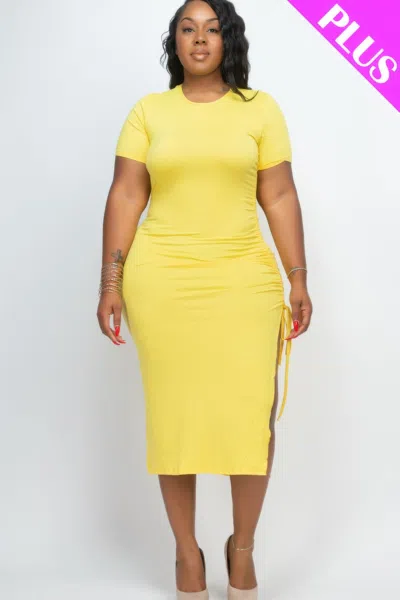 Fashnzfab Women's Plus Size Drawstring Ruched Side Split Hem Midi Dress In Yellow