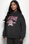 Fashnzfab Women's Plus Size Graphic Kangaroo Pocket Drawstring Hoodie In Black