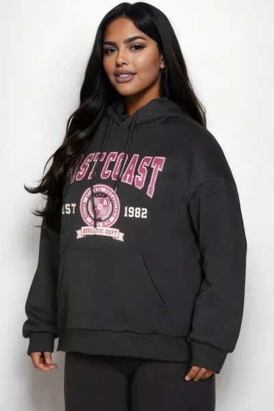 Fashnzfab Women's Plus Size Graphic Kangaroo Pocket Drawstring Hoodie In Black