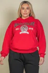 Fashnzfab Women's Plus Size Graphic Kangaroo Pocket Drawstring Hoodie In Red