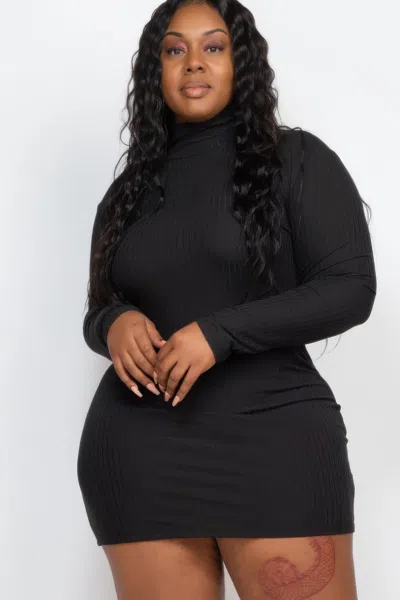 Fashnzfab Women's Plus Size Ribbed Long Sleeve Mock Neck Mini Bodycon Dress In Black