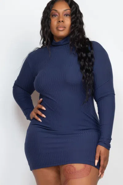 Fashnzfab Women's Plus Size Ribbed Long Sleeve Mock Neck Mini Bodycon Dress In Blue