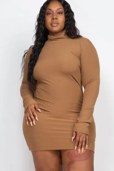 Fashnzfab Women's Plus Size Ribbed Long Sleeve Mock Neck Mini Bodycon Dress In Brown