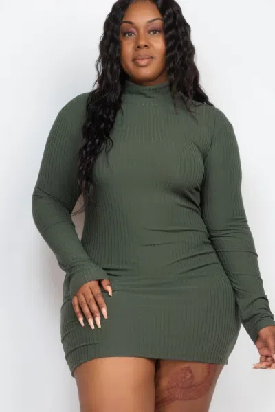 Fashnzfab Women's Plus Size Ribbed Long Sleeve Mock Neck Mini Bodycon Dress In Green