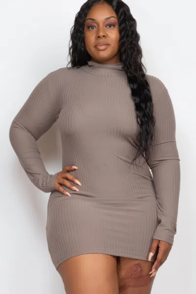 Fashnzfab Women's Plus Size Ribbed Long Sleeve Mock Neck Mini Bodycon Dress In Grey