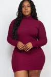 Fashnzfab Women's Plus Size Ribbed Long Sleeve Mock Neck Mini Bodycon Dress In White