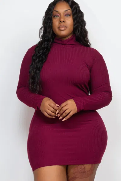 Fashnzfab Women's Plus Size Ribbed Long Sleeve Mock Neck Mini Bodycon Dress In White