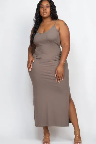 Fashnzfab Women's Plus Size Ribbed Side Slit Long Cami Maxi Dress In Grey