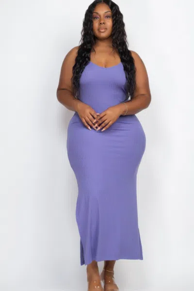 Fashnzfab Women's Plus Size Ribbed Side Slit Long Cami Maxi Dress In Multi