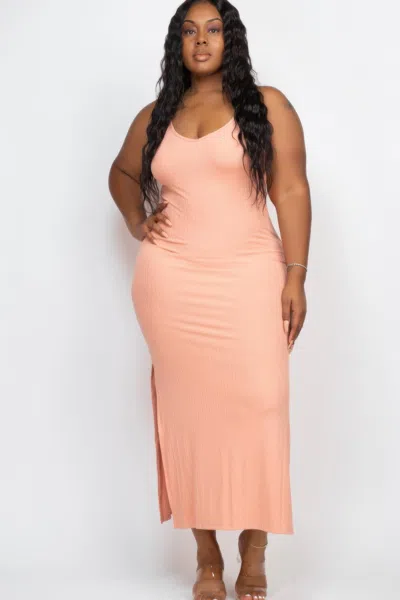 Fashnzfab Women's Plus Size Ribbed Side Slit Long Cami Maxi Dress In Pink