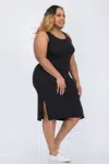 Fashnzfab Women's Plus Size Ribbed Side Slit Tank Midi Dress In Black