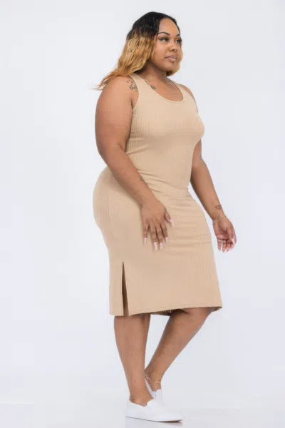 Fashnzfab Women's Plus Size Ribbed Side Slit Tank Midi Dress In Green