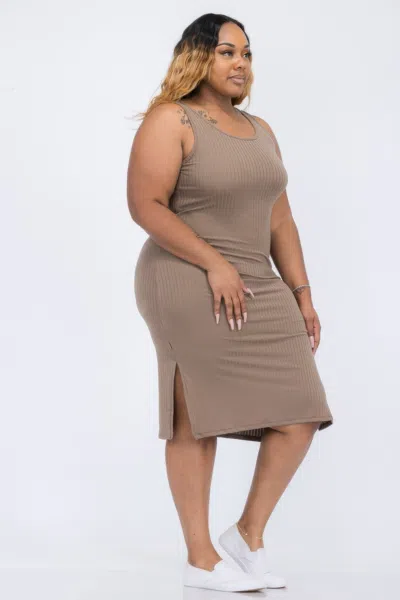 Fashnzfab Women's Plus Size Ribbed Side Slit Tank Midi Dress In Grey