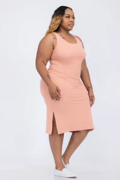 Fashnzfab Women's Plus Size Ribbed Side Slit Tank Midi Dress In Pink