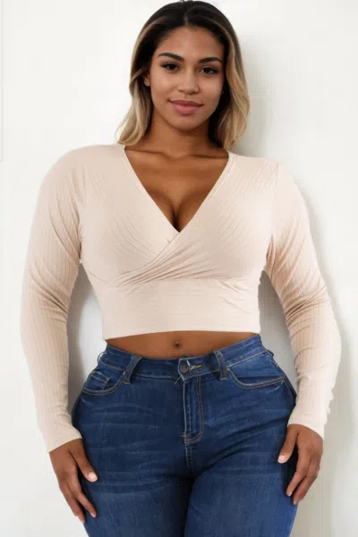 Fashnzfab Women's Plus Size Ribbed Wrap Front Long Sleeve Top In Beige