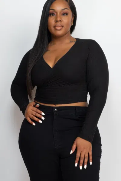 Fashnzfab Women's Plus Size Ribbed Wrap Front Long Sleeve Top In Black