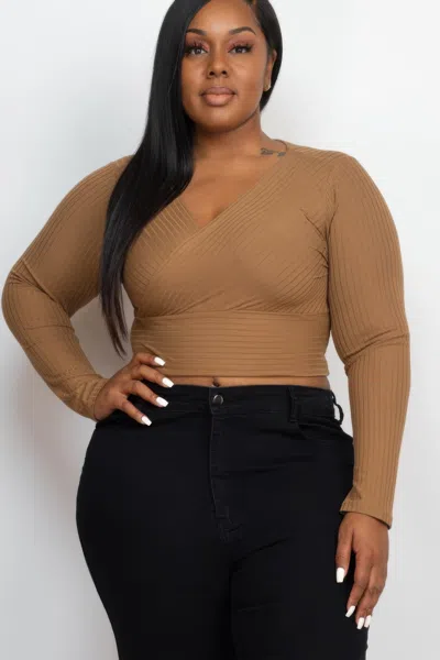 Fashnzfab Women's Plus Size Ribbed Wrap Front Long Sleeve Top In Brown