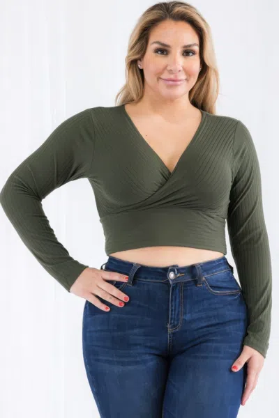 Fashnzfab Women's Plus Size Ribbed Wrap Front Long Sleeve Top In Green