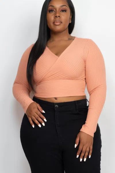 Fashnzfab Women's Plus Size Ribbed Wrap Front Long Sleeve Top In Pink