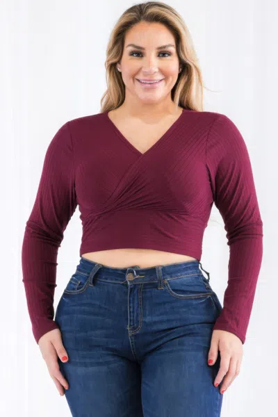 Fashnzfab Women's Plus Size Ribbed Wrap Front Long Sleeve Top In Purple