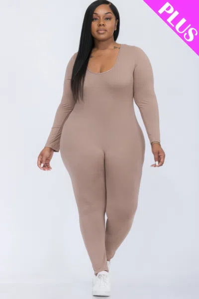Fashnzfab Women's Plus Size Scoop Neck Long Sleeve Bodycon Jumpsuit In Beige