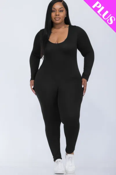Fashnzfab Women's Plus Size Scoop Neck Long Sleeve Bodycon Jumpsuit In Black