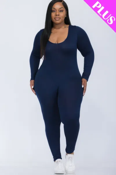 Fashnzfab Women's Plus Size Scoop Neck Long Sleeve Bodycon Jumpsuit In Blue