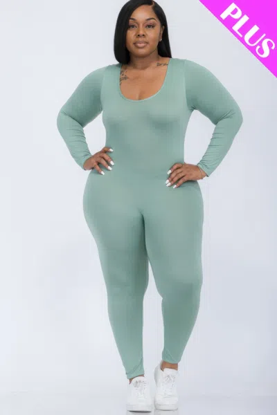 Fashnzfab Women's Plus Size Scoop Neck Long Sleeve Bodycon Jumpsuit In Green