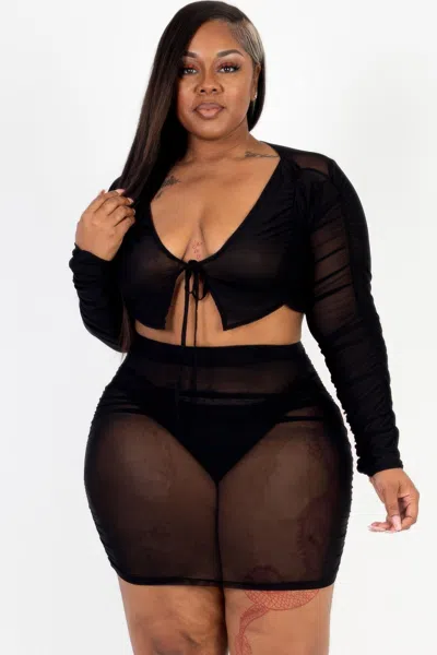 Fashnzfab Women's Plus Size Sheer Mesh Tie Front Crop Top & Ruched Side Mini Dress In Black