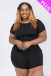 Fashnzfab Women's Plus Size Short Sleeve Crop Top & Shorts Set In Black